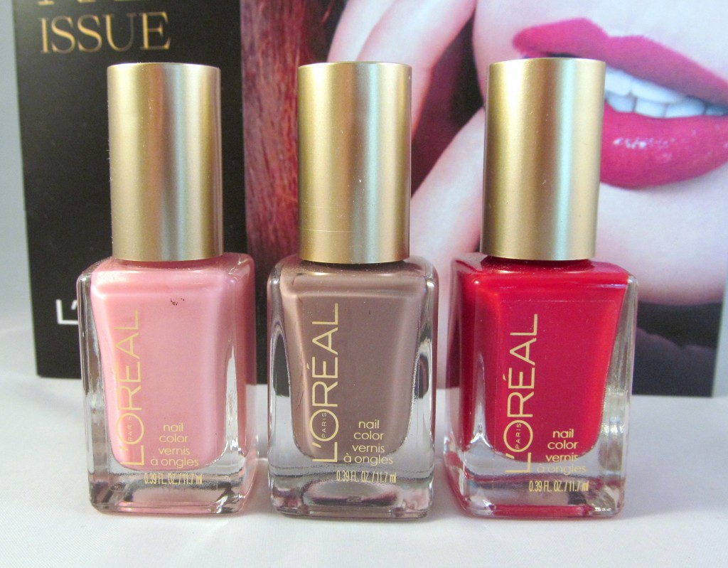 L'Oreal Color Riche Nail Colour in (L-R) I Pink I'm In Love, Greyt Expectations & He Red My Mind