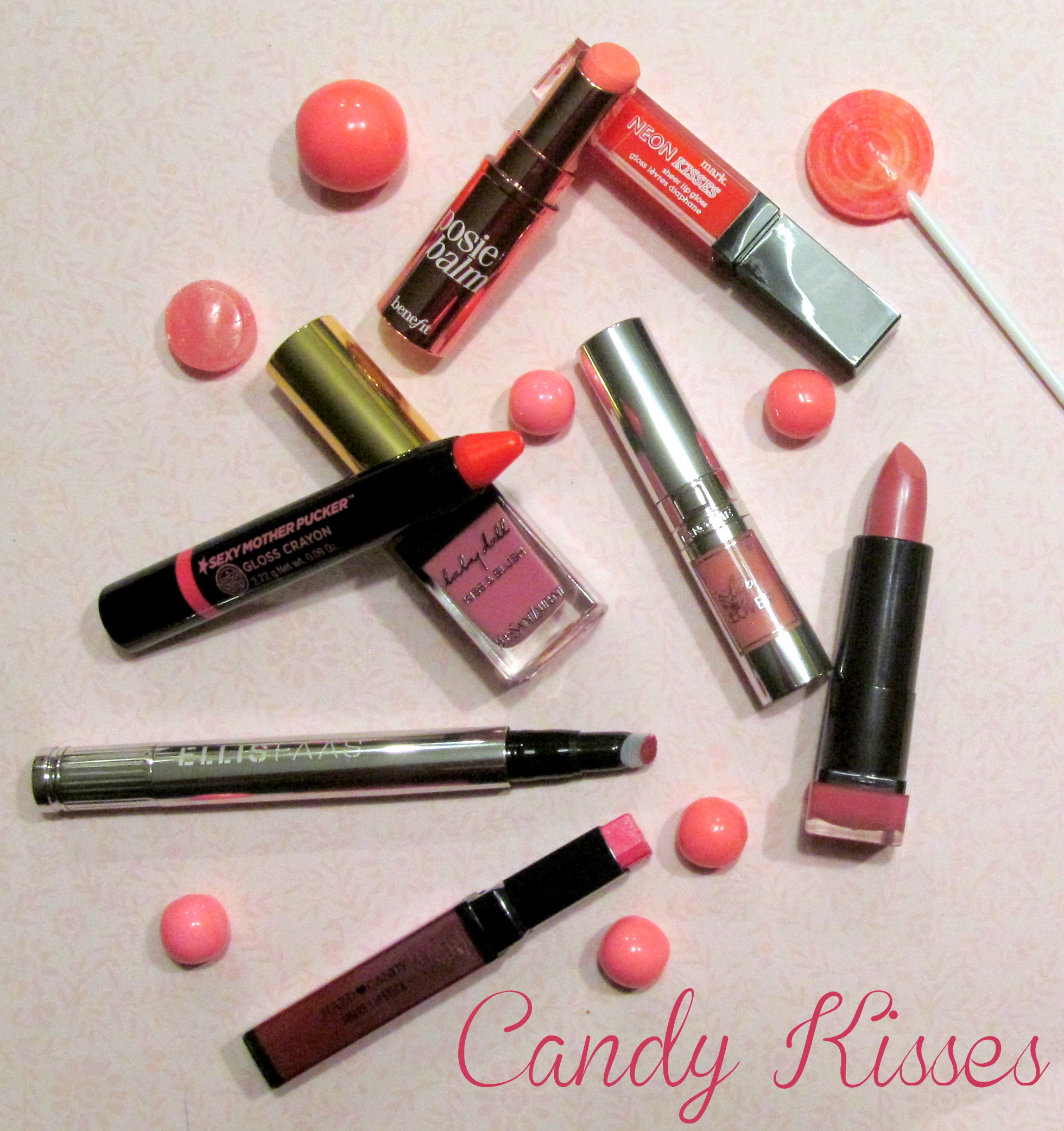 Candy kisses, spring 2014 lipstick, lip gloss, beauty blogger, favorite lipstick, favourite lip gloss, lancome lip lover, mark neons, ellis faas ,covergirl lip perfection, benefit posie balm, ysl kiss and blush